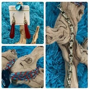 3 piece bracelet/earring lot. Beads, gold, red, Blue, Rhinestone, Dangle